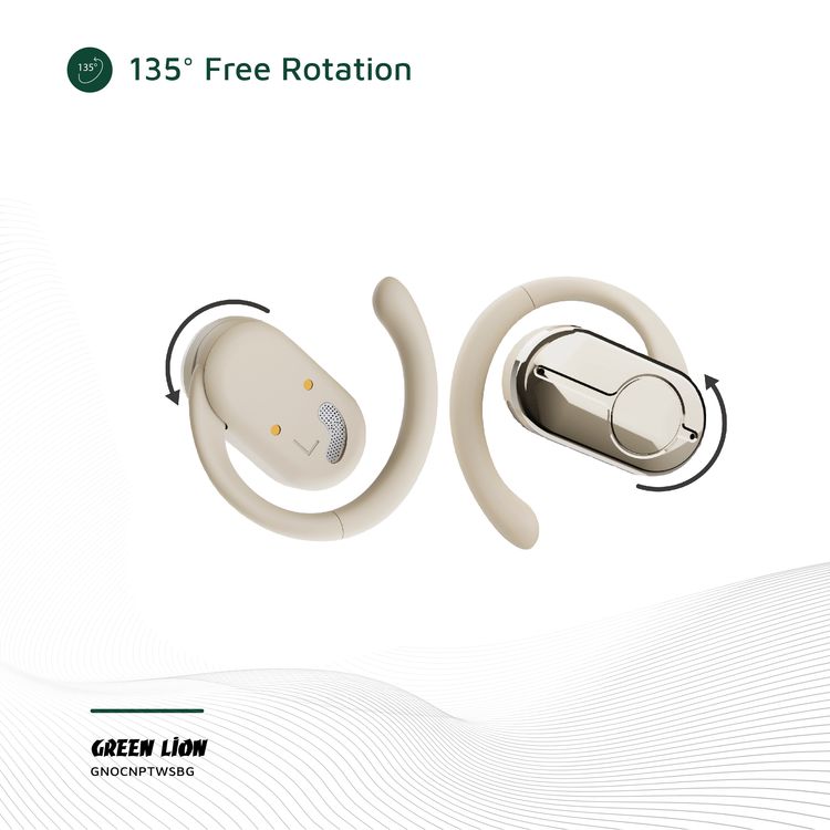 سماعات أذن Green Lion Ocean Plus مفتوحة مع ميكروفون مزدوج ENC، وقت تشغيل يصل إلى 6 ساعات، دوران حر 135 درجة، سعة بطارية علبة شحن 300 مللي أمبير/ساعة، وضع اللعب، زمن انتقال منخفض، وقت استعداد 180 ساعة، مقاومة للماء IPX4 - بيج
