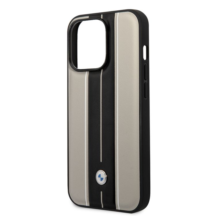BMW Signature Collection Genuine Leather Case with Hot Stamp Lines iPhone 14 Pro Compatibility - Beige