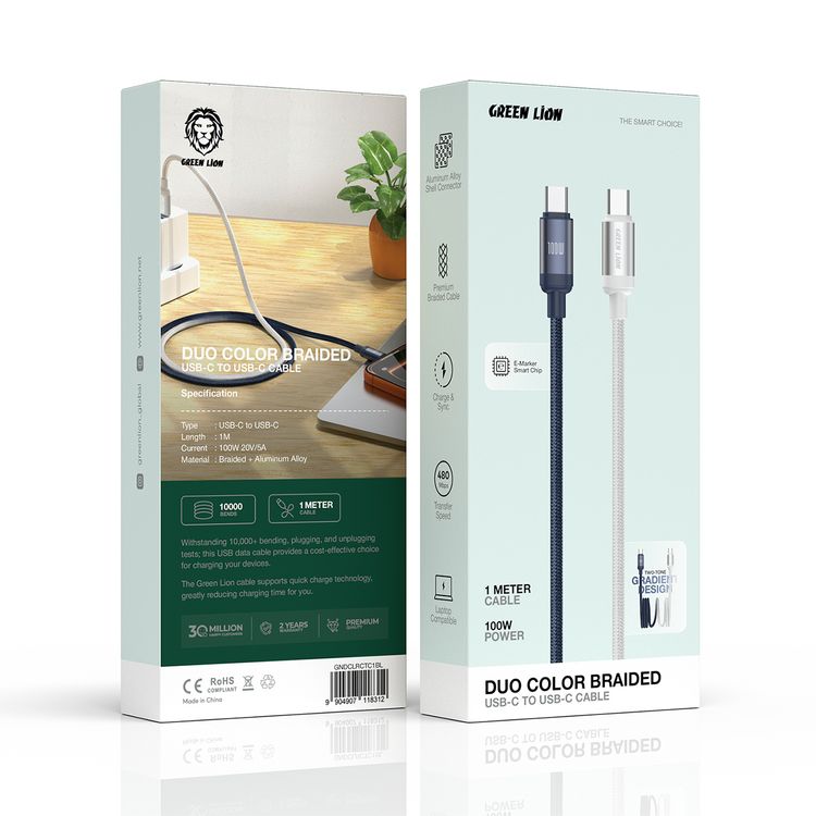 Green Lion Duo Color Braided USB-C to USB-C Cable with 480Mbps Data Transfer Speed, 1m Cable Length, Laptop Compatible, Charge & Sync, Aluminum Alloy Shell Connector, Two-Tone Gradient Design - Blue