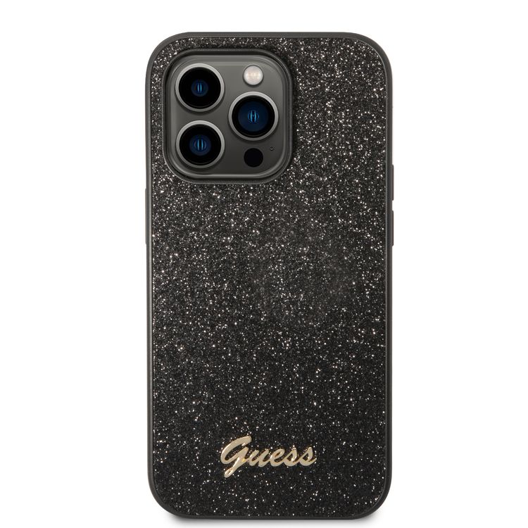 Guess PC/TPU Glitter Flakes Case with Script Metal Logo iPhone 14 Pro Compatibility - Black