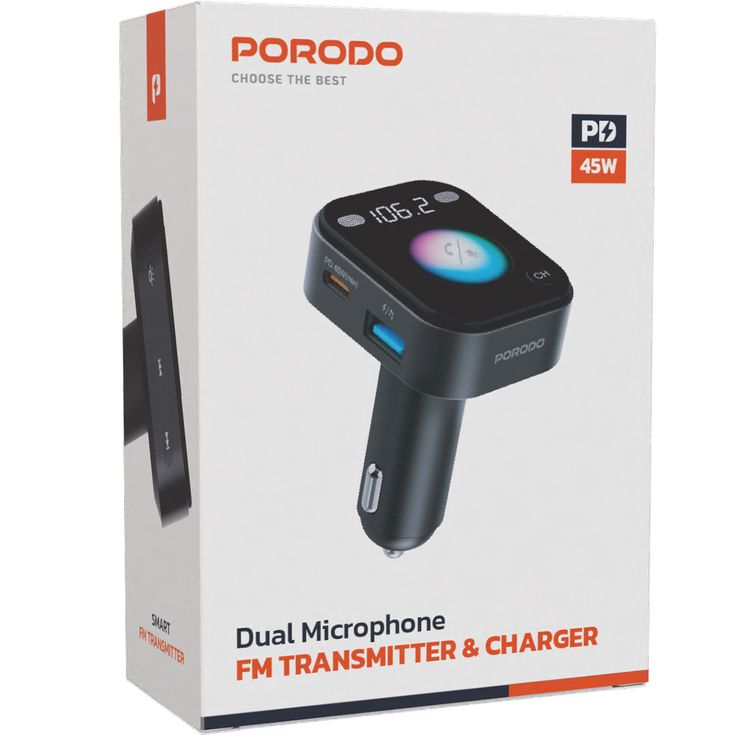  جهاز إرسال FM بتقنية البلوتوث من Porodo مع الأوامر الصوتية وإضاءة مزاجية ومكالمات بدون استخدام اليدين وبلوتوث V5.4 وPD 36W - أسود