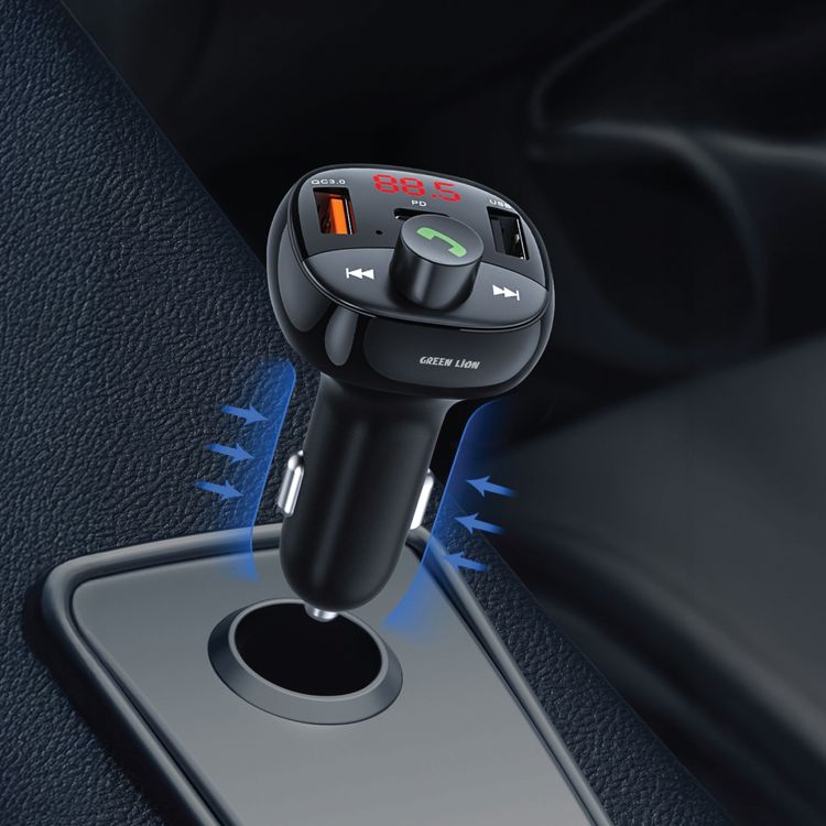 Green Lion Flux Drive FM Transmitter with PD 30W Fast Charging, QC 3.0, FM Transmitter, Built-in Microphone, Real-Time Monitoring, On-the-Go Convenience, Volume Control Knob, Hands-Free Calls, Safety Protection, LCD Display, USB & TF Card Playback, Simultaneous Charging, Control Buttons - Black