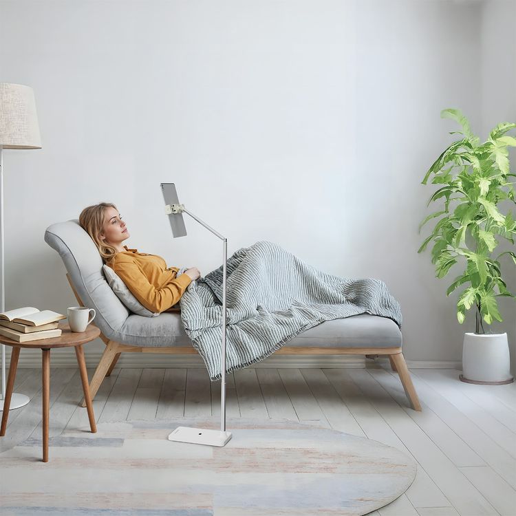 Porodo 360° Multifunctional Phone and Tablet Holder with Extendable Pole, Adjustable Height, Horizontal & Vertical, 270° Rotational Hinge, Stable & Secure Hold, Overhead Stand, 90° Continuous Hovering, ABS+ Aluminium Alloy+ Zinc Alloy Material - White