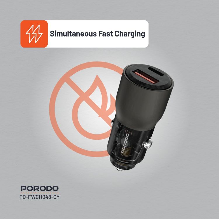  Porodo 95W Transparent Car Charger, Zinc Alloy & PC Material, 30W USB-A & 65W USB-C Outputs, Simultaneous Fast Charging, Universal Compatibility - Gray