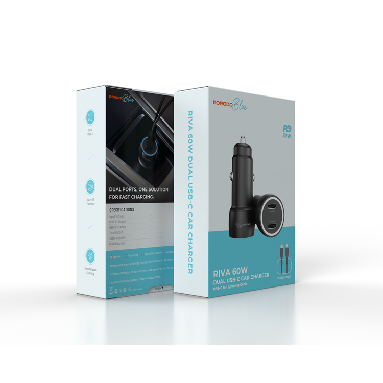 Porodo Blue Riva 60W Car Charger with PD30W USB-C to Lightning Cable, Auto-Off Function, Simultaneous Charging, Dual USB-C Ports, 12-14V Input Voltage, 60W Max Total Output - Black