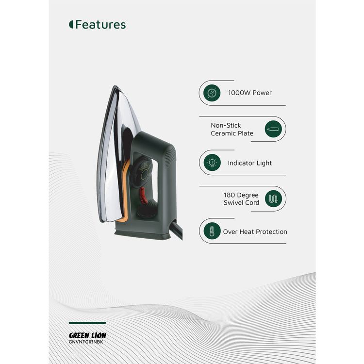 Green Lion Vintage Iron with 1000W Rated Power, Adjustable Thermostat, Indicator Light, Dry Function, Non-Stick Sole Plate, Overheat Protection - Black / Silver