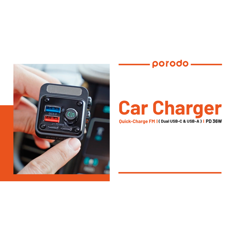 Porodo 3-in-1 FM Car Charger with 36W Power Delivery, 10m Bluetooth Range, Built-in Microphone, Multi-Port Charging, Up to 32 GB USB Flash Drive - Black