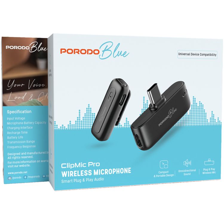 Porodo Blue ClipMic Pro Wireless Microphone with Advanced Noise Cancellation,  Smart Plug & Play Audio, Omnidirectional, Long-Distance Transmission, Instant Auto-Pairing, Universal Device Compatibility - Black