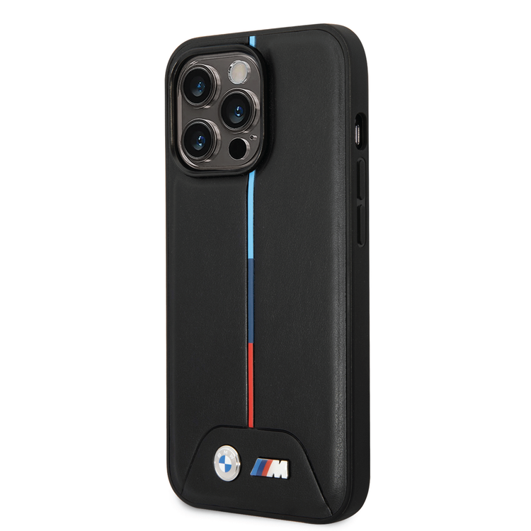 BMW M Collection Quilted PU Case with Hot Stamped Tricolor Stripe and Printed Logo iPhone 14 Pro Max Compatibility - Black