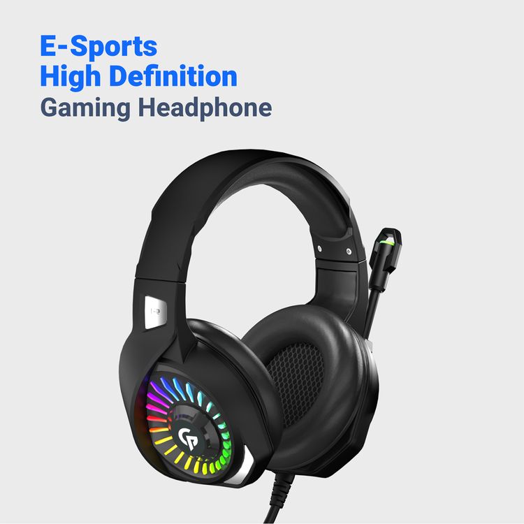 Porodo Gaming E-Sports High Definition Gaming Headphones with RGB Breathing Lights, 50mm Speaker Size, 25mW Rated Power, 3D Dimensional Sound, Omni-Directional Microphone - Black