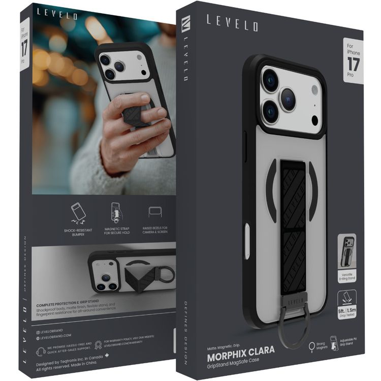 غطاء Levelo Morphix Clara GripStand MagSafe لجهاز iPhone 17 Pro، مع حواف مرفوعة للكاميرا والشاشة، مغناطيس قوي، هيكل مقاوم للصدمات وتشطيب غير لامع، حامل حلقة D مرن، مضاد لبصمات الأصابع - أسود شبحي