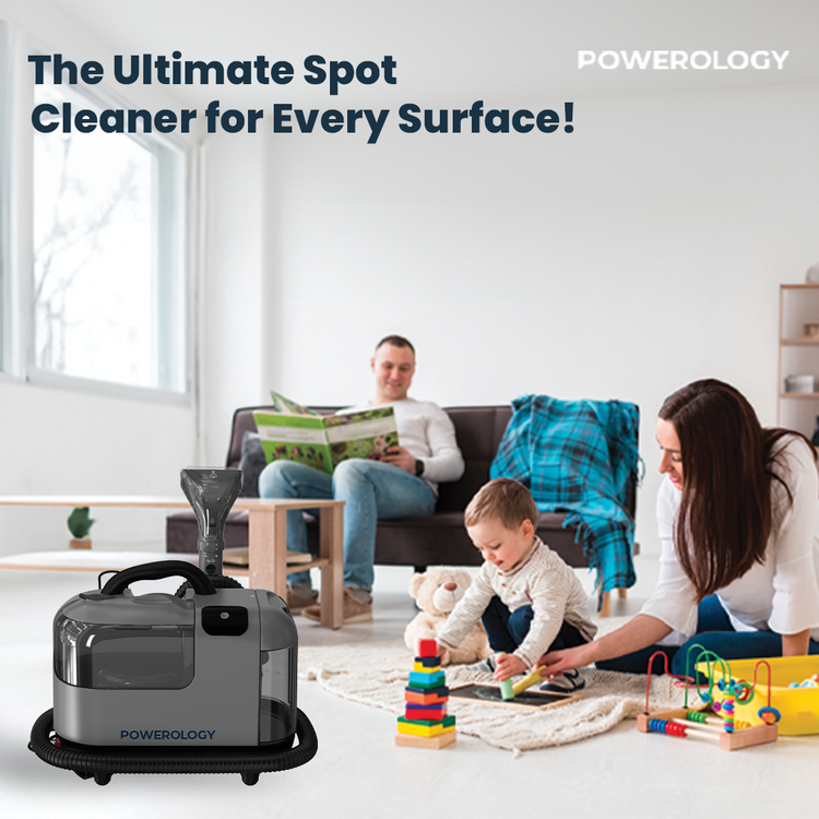 Powerology Powerful Spot Cleaner with Hot Water & Steam Functions, 1800mL Dirty Tank Capacity, 75dB Noise Level, 11kPa Suction Power, Dual-Tank System - Gray