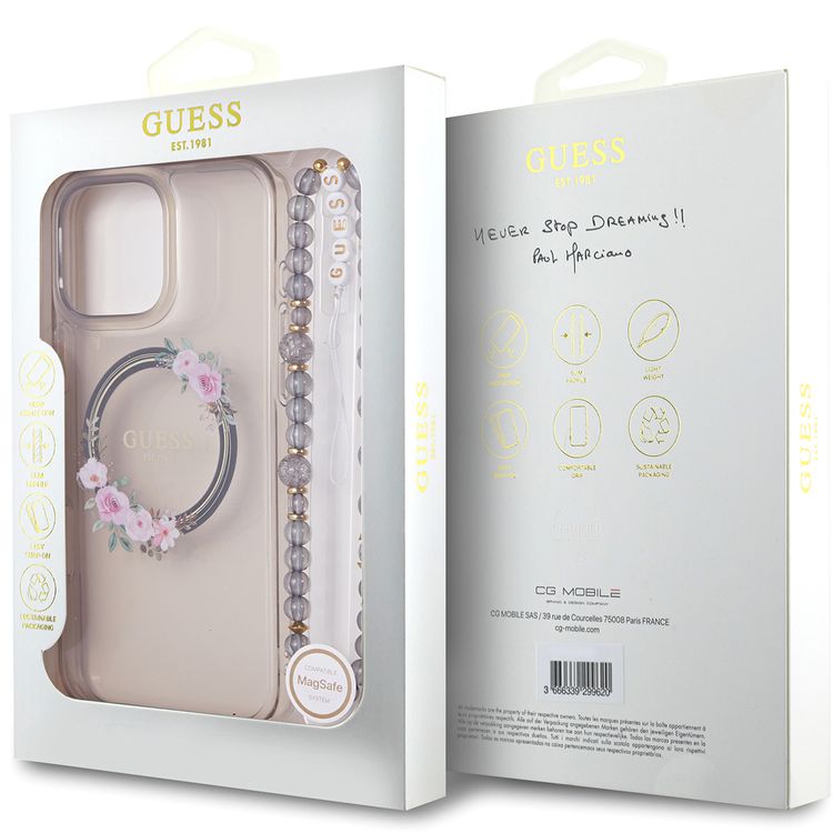 Guess Magsafe IML Hard Case for iPhone 16 Pro Max with Flower Wreath Design & Pearl Strap, Lightweight, Comfortable Grip, Drop Protection -Black 