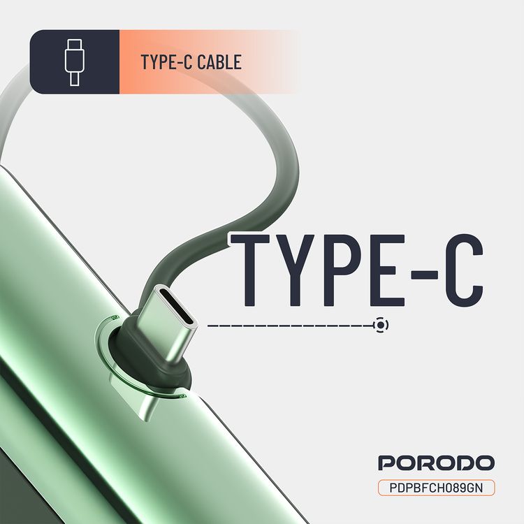 Porodo Pocket Volt 5000mAh Power Bank with Built-in Type-C Connector, 22.5W Power Delivery, Fast Charging Support, Compact Design, 15W Total Output - Green