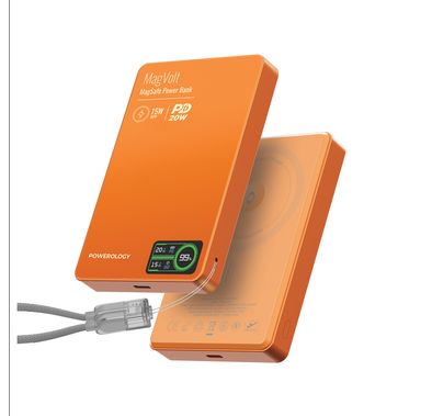 Powerology MagVolt 10000mAh Power Bank, 2.5W Watch Output, Up to 15W Phone Output, 20W Power Delivery, Ultra-Slim Design, Smart TFT Display, N54 MagSafe Compatible - Orange