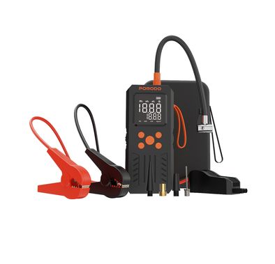 Porodo 4 In 1 Multi-Tool Inflator & Jump Starter with 15,200mAh Battery capacity, Smart Air Pump, 150 PSI Max Pressure, Accurate LCD Gauge, 1000A Peak Current, Emergency LED Lighting, 50cm Air Hose - Black