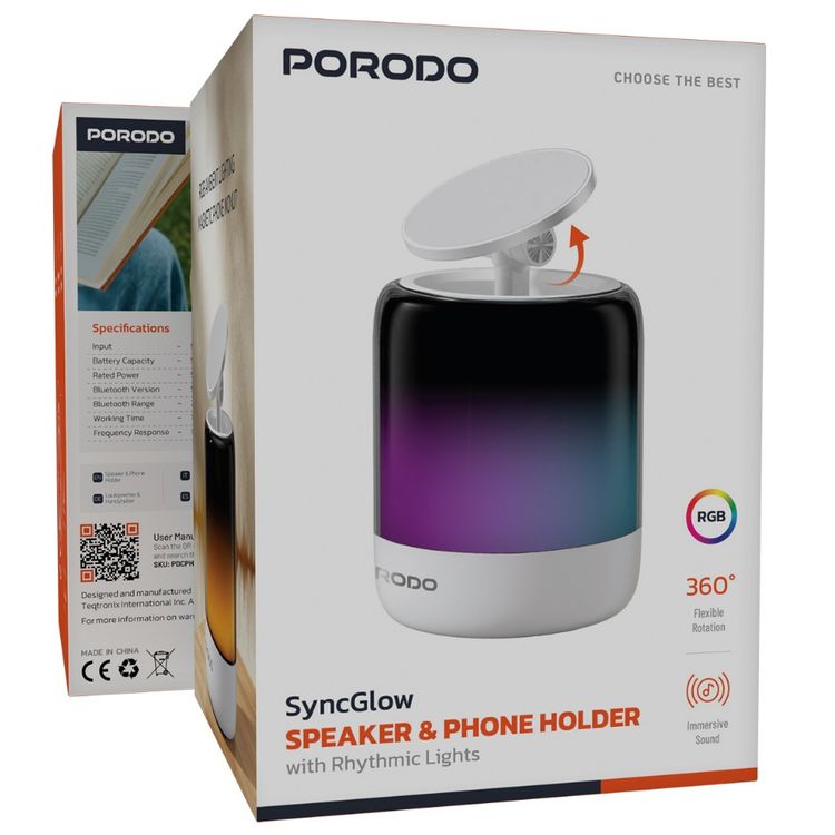 Porodo SyncGlow Speaker & Phone Holder with Rhythmic Lights, 500mAh Battery, Bluetooth Version 5.3, 150 Minutes Working Time, 360° Flexible Rotation, ABS & PC Material, Immersive Sound, 5W Rated Power - White