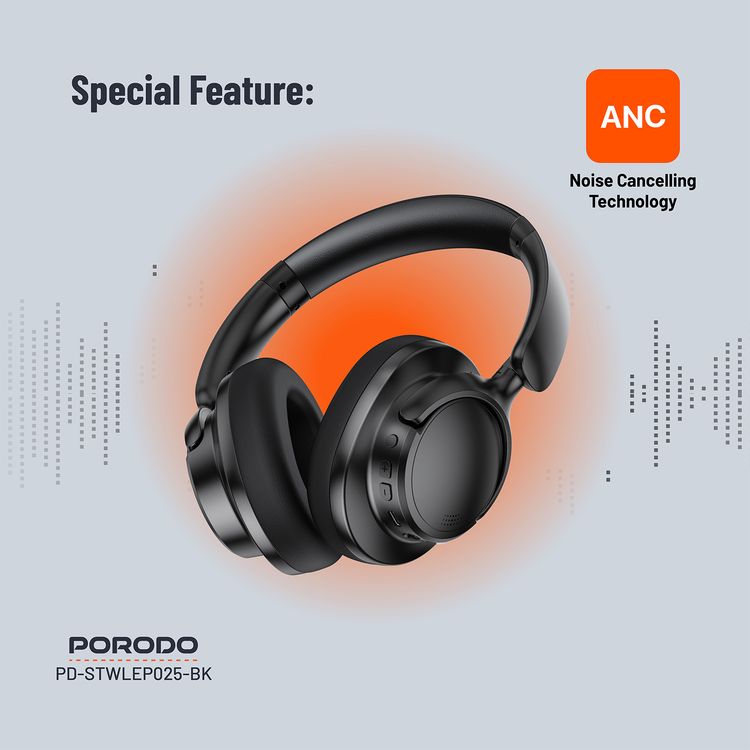 Porodo Soundtec Zen Active Hybrid Headphone with Noise Cancelling Technology, 30 Hours Play Time, Type-C Charging Port, 2 Hours Recharge Time, Comfortable Cushions - Black