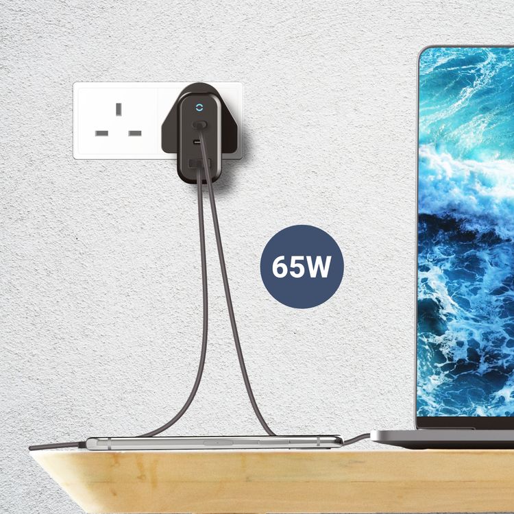 Powerology Wall Charger UK 65W 3-Output with PD UK GaN - (Black)