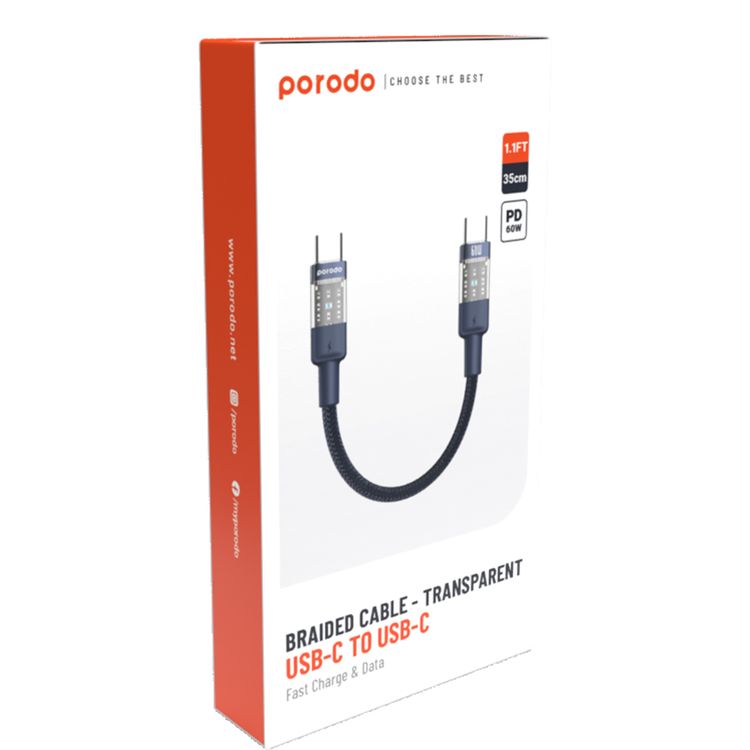 Porodo Braided USB-C to USB-C Cable with Transparent Heads, 60W Power Delivery, 480Mbps Transfer Speed, Fast Charge & Data Sync, Tangle-Free Design, 35cm Cable Length, High-Grade Components - Blue