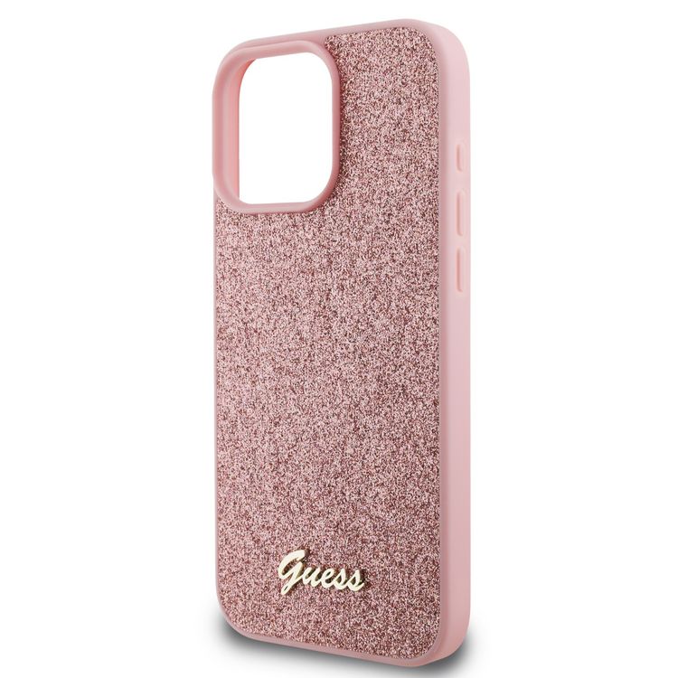 Guess Fixed Glitter Hard Case with Script Metal Logo for iPhone 16 Pro Max, Slim Profile, Drop Protection, Easy Snap-On, High-Quality Material, Extra Shield Protection - Pink