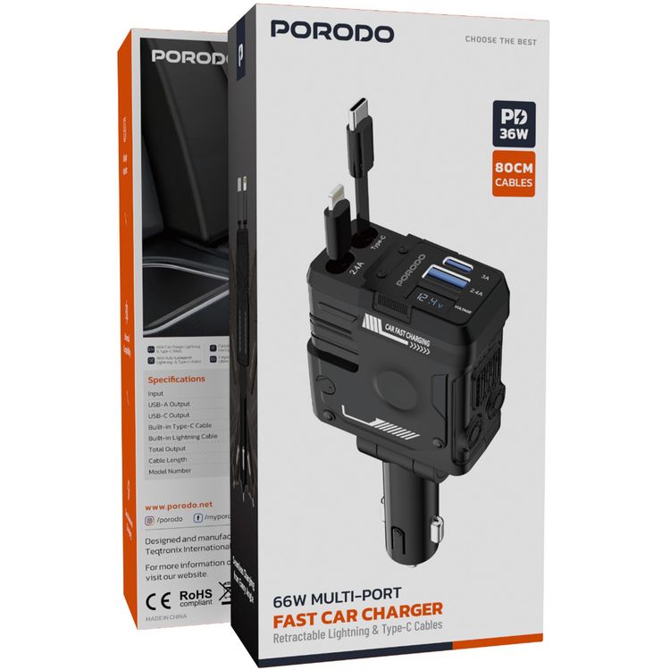 Porodo 66W Car Charger with Lightning & Type-C Wires, PD 36W, Universal Compatibility, Simultaneous Charging, 80cm Cable Length - Black
