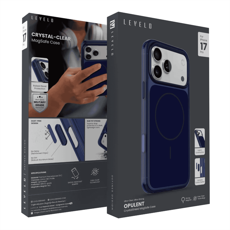 Levelo Opulent Full PC iPhone 17 Pro Case with Strong N52 Magnets, MagSafe Compatible, Camera Control Button, Ever-Clear Technology, 2.0mm PC Frame, Raised Bezel Protection, Military-Grade Protection, Shock-Resistant Bumper, Anti-Scratch Cover - Cobalt Blue