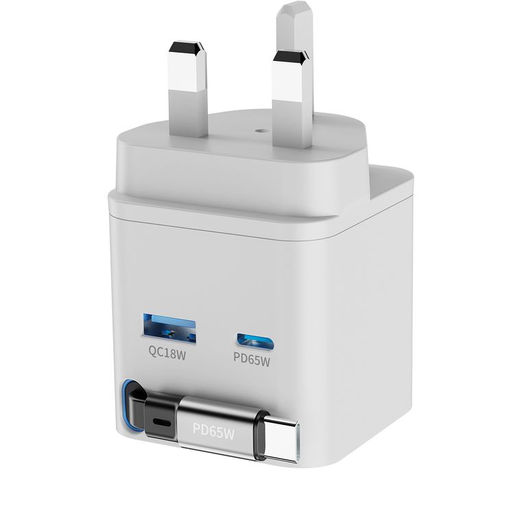 Powerology Dual Port Retractable GaN Charger, Built-in Safeguards, 3-Device Charging, 65W Power Delivery, Fire Proof Material, Patented Design, 75cm Retractable Type-C Cable - White