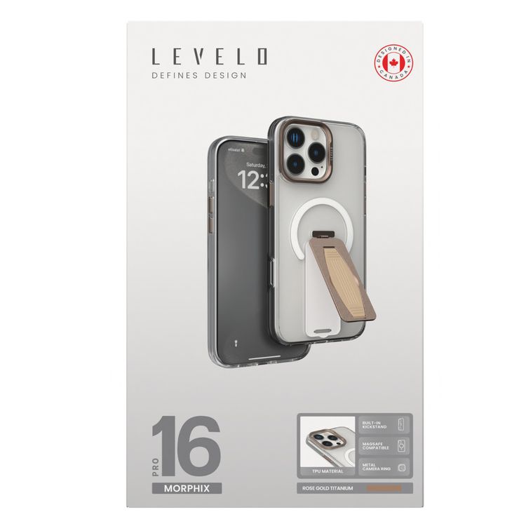 Levelo Morphix MagSafe Grip Case for iPhone 16 Pro, Impact Resistant Corners, Metal Camera Ring, Multi Functional Kickstand Premium Bayer TPU, Silicone Grip - Rose Gold Titanium