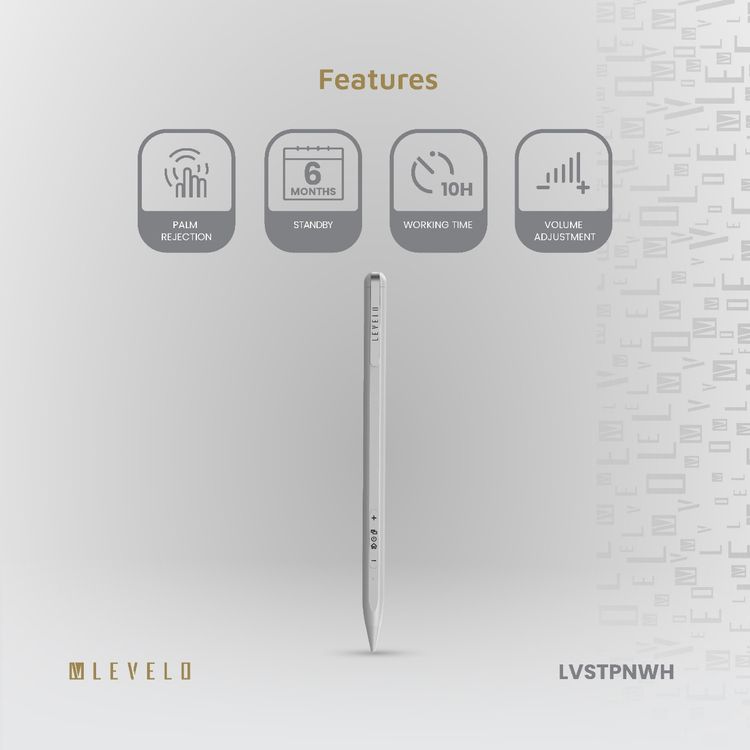 Levelo SkyWrite Versa Stylus Pen for iPad, 130mAh Battery Capacity, Aluminum Alloy & Polyoxymethylene Material, USB-C Charging Interface, <1 Hour Charging Time, 10 Hours Working Time, 6 Months Standby Mode, 2 Extra Tips, Strong Magnetic Field - White