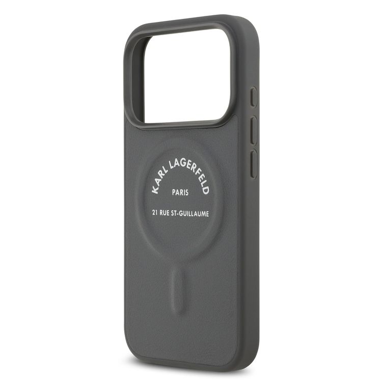 غطاء كارل لاغرفيلد ماجسيف PU مع أزرار بشعار كارل RSG لهاتف iPhone 17 Pro، تصميم نحيف، سهل التركيب، تغليف مستدام، قبضة مريحة، حماية من السقوط، تصميم خفيف الوزن - رمادي