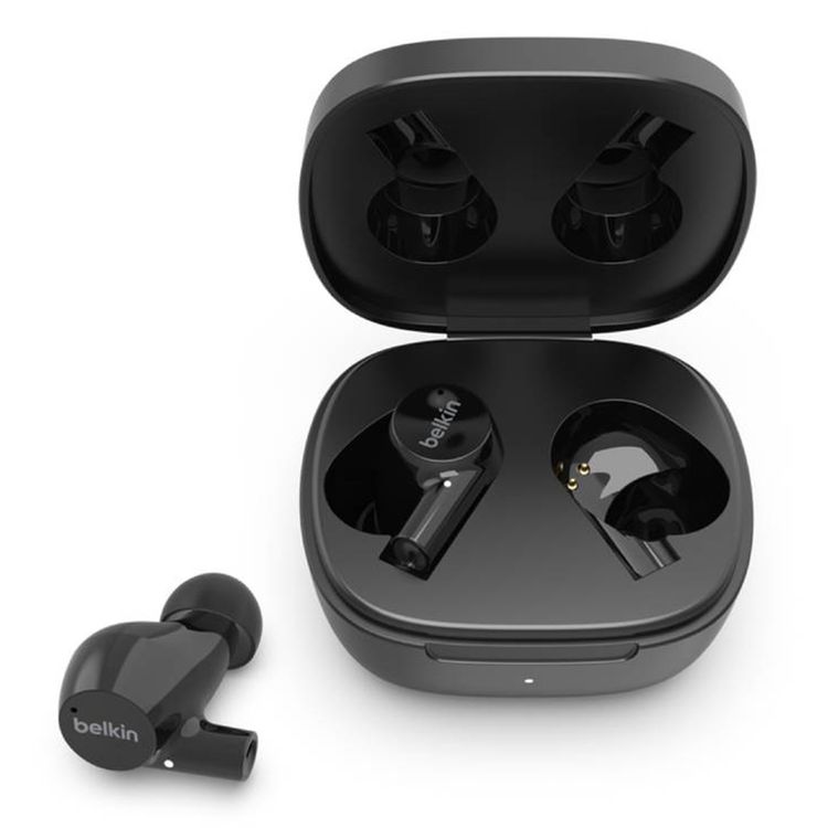 سماعات الأذن اللاسلكية Belkin Soundform Rise True مع عدة أحجام لأطراف الأذن، صوت استريو غني، إقران تلقائي، حقيبة شحن مدمجة ومحمولة، متوافقة مع مساعدات الصوت، حجم السائق 6 ملم - أسود
