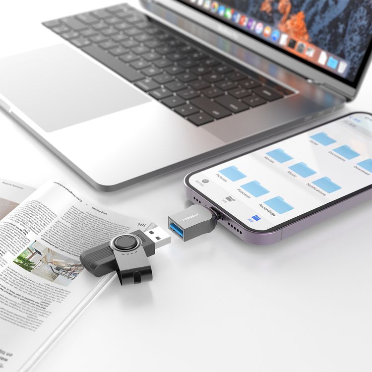 Porodo  USB A to Lightning Adapter, Zinc Alloy, Fast Data Transfer, Universal Compatibility, Plug & Play, Up to 480Mbps Transfer Speed - Black