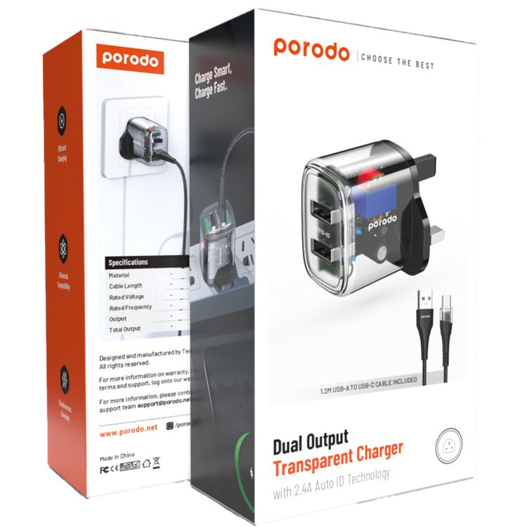 Porodo Dual Output Transparent Charger with 1.2m USB-A to Type-C Cable, 2.4A Auto-ID Technology, 12W Total Output, UK 3-Pin Plug, Simultaneous Charging, Universal Compatibility, Dual USB-A Outputs - Black