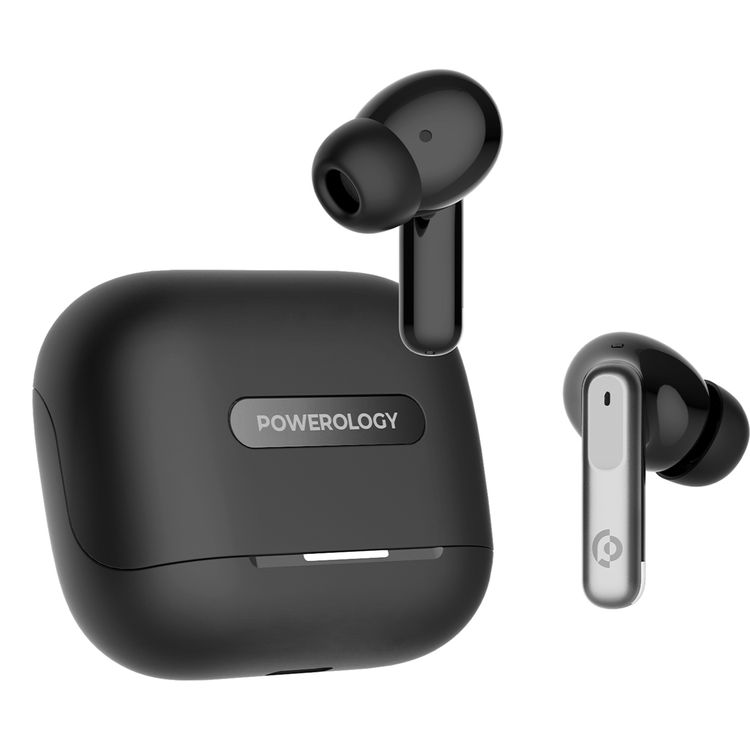 Powerology Hybrid True Wireless Earbuds with ANC + ENC, 6 Microphone, Bluetooth Version 5.3 & Type-C Charging Port - Black 