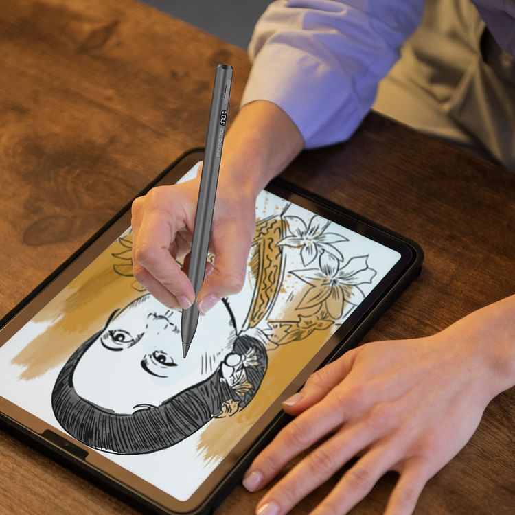 قلم Porodo Magnetic Active Stylus لأجهزة iPad الطرازات من 2018 إلى 2025، بسعة بطارية 100 مللي أمبير، و12 ساعة عمل متواصلة، وطريقتا شحن سلكي Type-C ولاسلكي مغناطيسي - باللون الأسود.