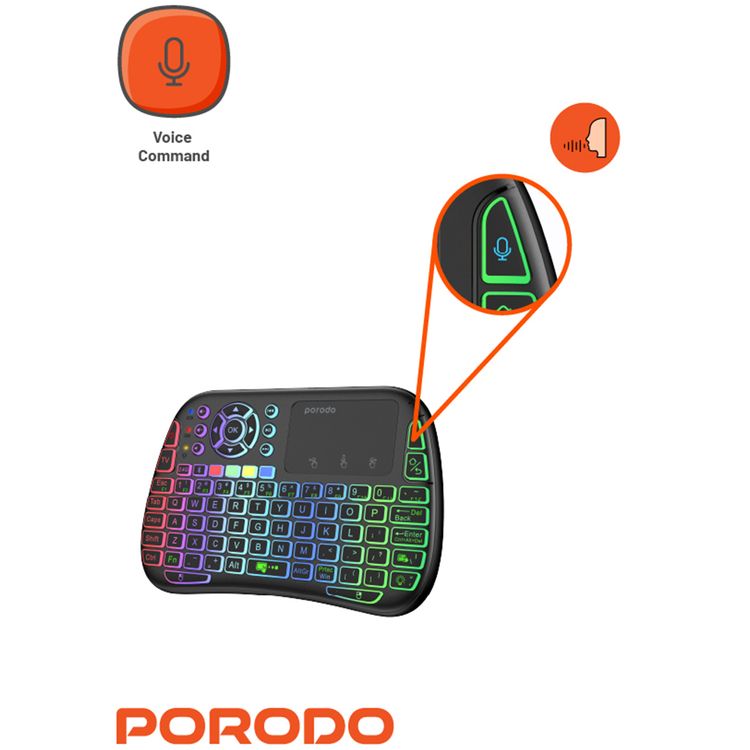 Porodo Gaming Remote Keyboard & Mouse with Programmable Buttons, Gesture Recognition, 10m Operational Range, 84 Keys, 5.2 Bluetooth, 300mAh Battery - Black