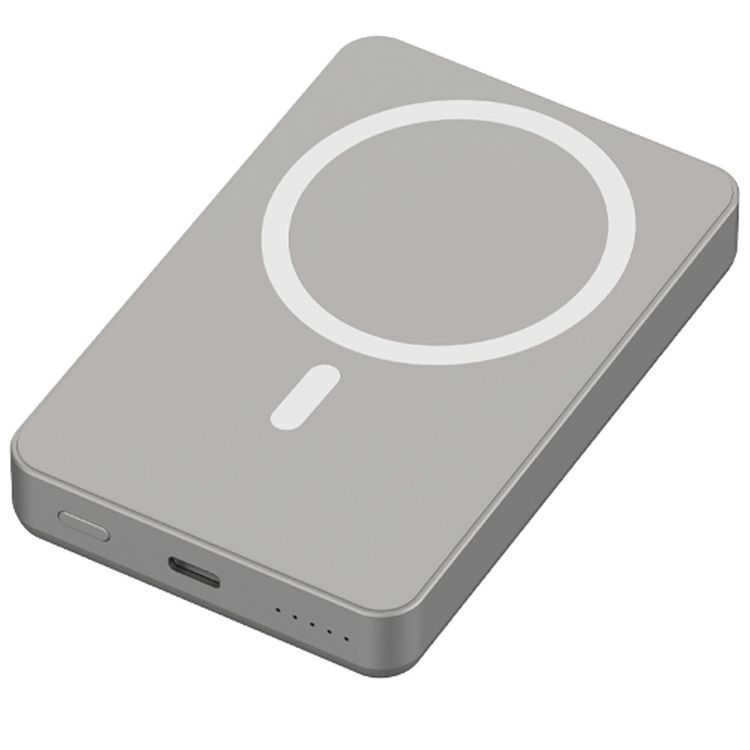 بنك الطاقة Powerology MagSafe من الألومنيوم بقدرة 10000 مللي أمبير في الساعة مع مؤشر لمستوى البطارية، تصميم خفيف الوزن وصغير الحجم، شحن سريع ومتزامن، مدخل ومخرج من النوع C، مخرج لاسلكي 15 وات - التيتانيوم
