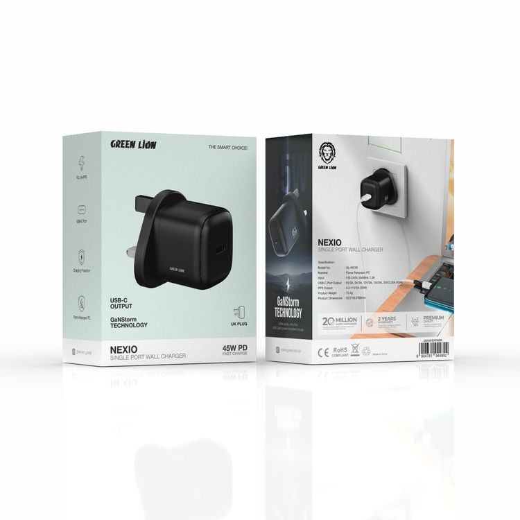 Green Lion NEXIO Single Port Wall Charger with UK Plug, 45W Power Delivery, PD 3.0 + PPS, Flame Retardant PC Material, USB-C Port, Charging Protection - Black