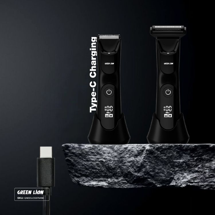 Green Lion Sensitive Duo Hair Trimmer & Shaver, 1.5 Hours Working Time, Ceramic & Stainless Steel Blades, 5W Power, Charging Base Included, LED Spotlight, Skin-Safe Blades, Travel Lock Function, USB-C Charging Port - Black
