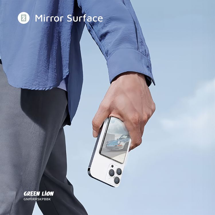 Green Lion Mirror Design 5000mAh Power Bank with LED Indicator, Type-C Port, 20W Power Delivery, 15W Wireless Output, Aluminum & Glass Material, Ultra-Thin & Ultra-Light Design, Fast Charge - Black