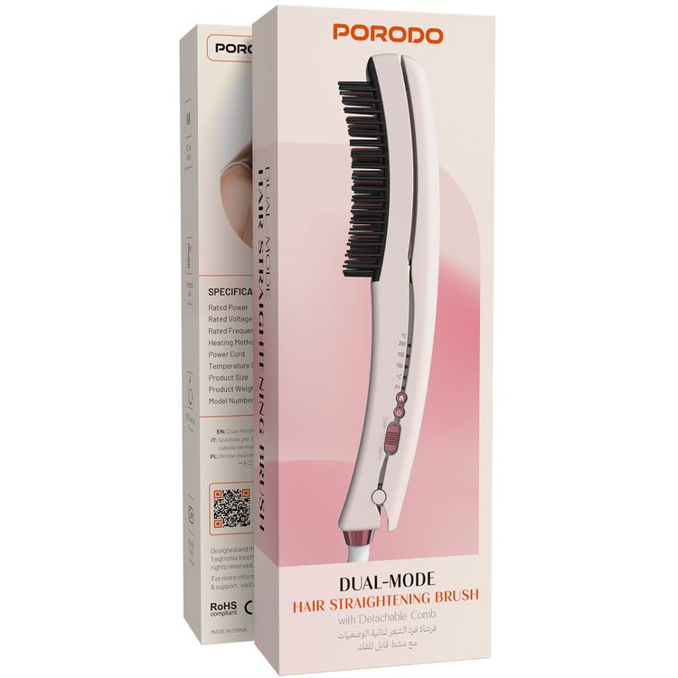 Porodo Dual-Mode Hair Straightening Brush with Detachable Comb, Auto Shut-Off Function, 360° Swivel Cord, 3 Temperature Levels, 76W Rated Power, PTC Heating Method - Pink