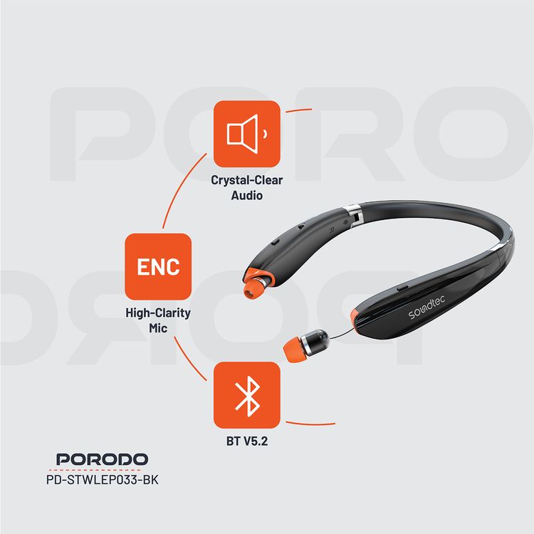 Porodo Soundtec Echo Flex Retractable ENC Neckband with Folding Design, Crystal Clear Audio, High Clarity Mic, Bluetooth V5.2, Multi Point Connection - Black 