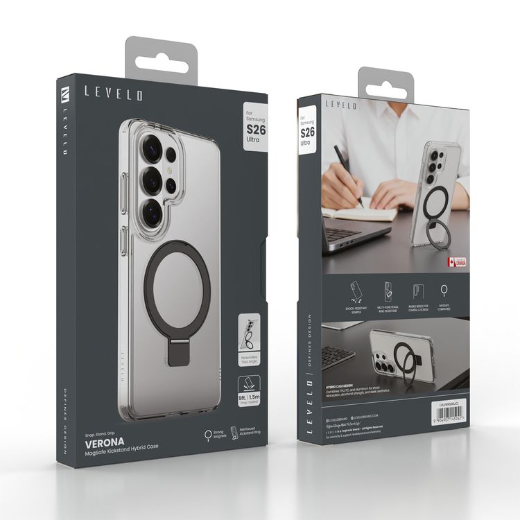 Levelo Verona MagSafe Kickstand Hybrid Case for Samsung S26 Ultra, Shock-Resistant Bumper, Multi-Functional Ring Kickstand, Drop protection - Clear