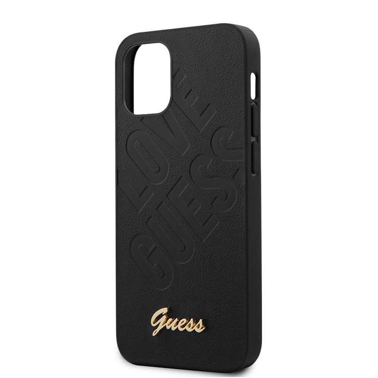 CG MOBILE Guess PU Iridescent "LOVE" Debossed Phone Case with Metal Logo Compatible for iPhone 12 Mini (5.4") Drop Protection Mobile Case Officially Licensed - Black