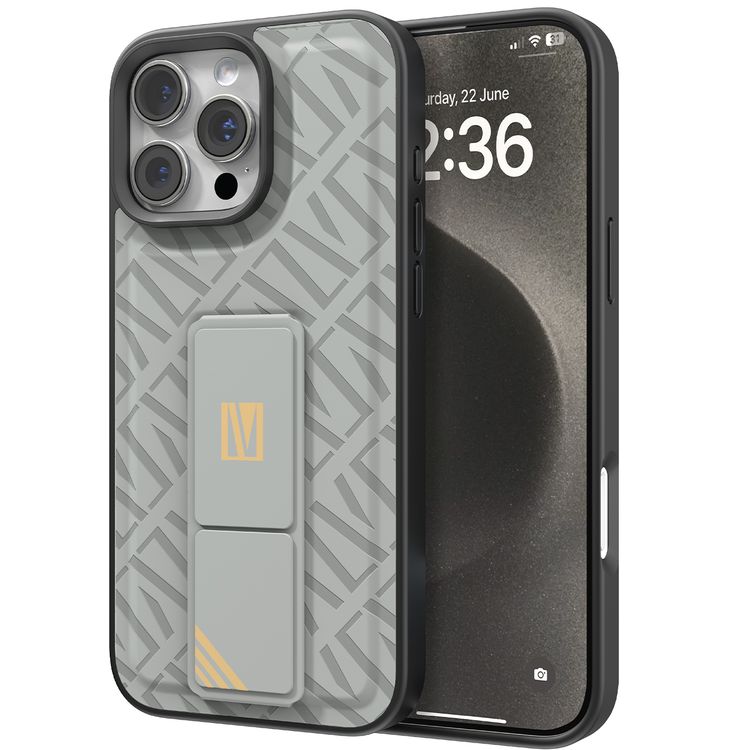 كفر حماية ليفيلو مورفيكس كويرو بمسند لهاتف آيفون 16 برو ماكس، قبضة مدمجة، سهل التركيب، زوايا مقاومة للصدمات - رمادي