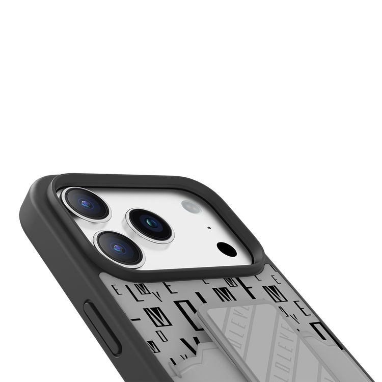 حافظة Levelo Morphix GripStand مع حامل بطاقات لجهاز iPhone 17 Pro، تصميم فاخر مطبوع بعلامة تجارية، ممتصة للصدمات، حواف مرتفعة للكاميرا والشاشة، حامل بحزام مغناطيسي - رمادي سحابي.