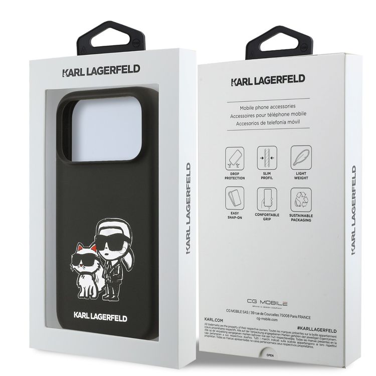 Karl Lagerfeld Liquid Silicone Case with Karl & Choupette Sketch for iPhone 17 Pro, Drop Protection, Slim Profile, Easy Snap-On, Sustainable Packaging, Comfortable Grip, Lightweight Design - Black