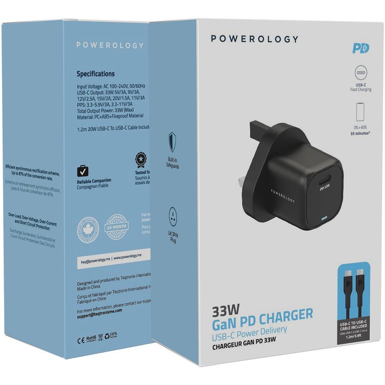 Powerology 33W GaN PD Charger with 1.2m USB-C to USB-C Cable, UK 3-Pin Plug, Built-in Safeguards, 0%-60% Charge in 30 Minutes, USB-C Fast Charging - Black