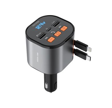 Green Lion FM Retractable Car Charger with Type-C & USB-A Ports, ABS & PC Material, Built-in 80cm Cables, Safety Fuse, Overcurrent & Short-Circuit Protection, Digital Display, Button Controls, 180° Adjustable Angle - Black
